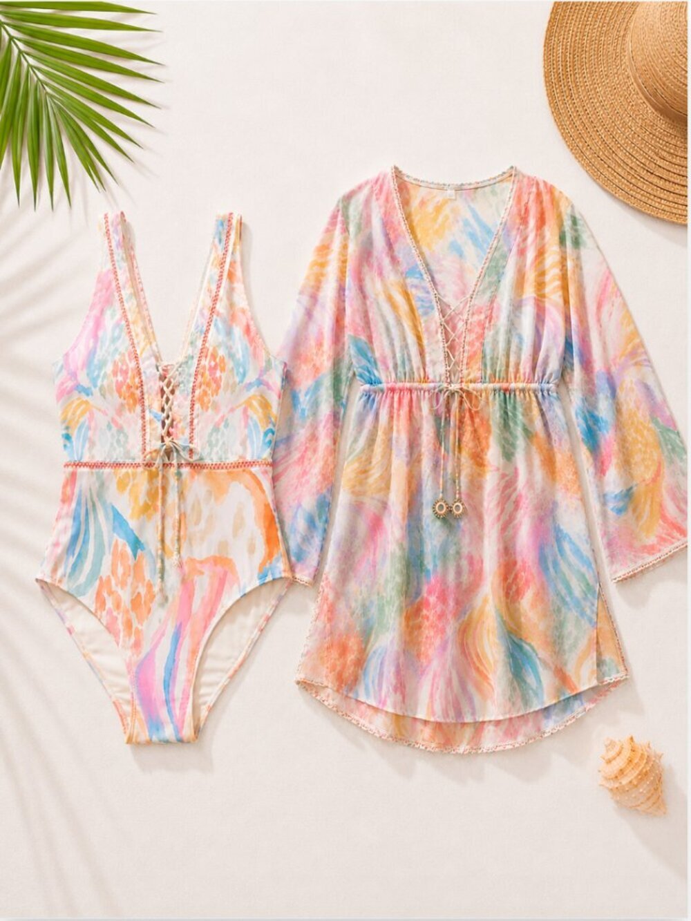 NWT Cosita Linda Sweet Sunset Matching Swimsuit & Cover Up Set Medium Resort